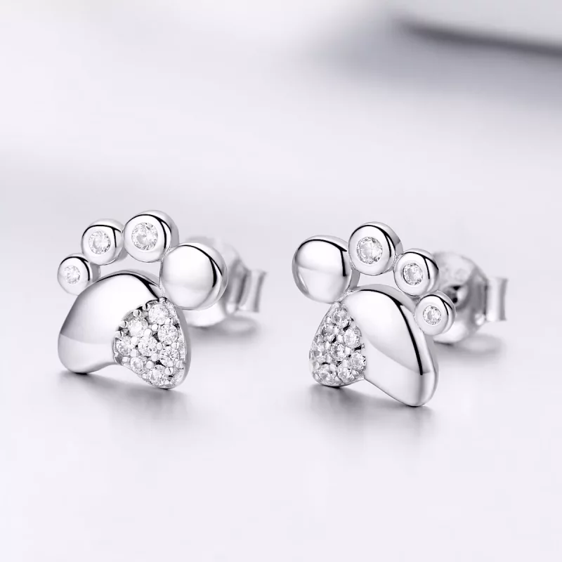 (imagen para) Pendientes de botón con huellas de gatito lindo antialérgico de plata estilo Pan - Ver 2