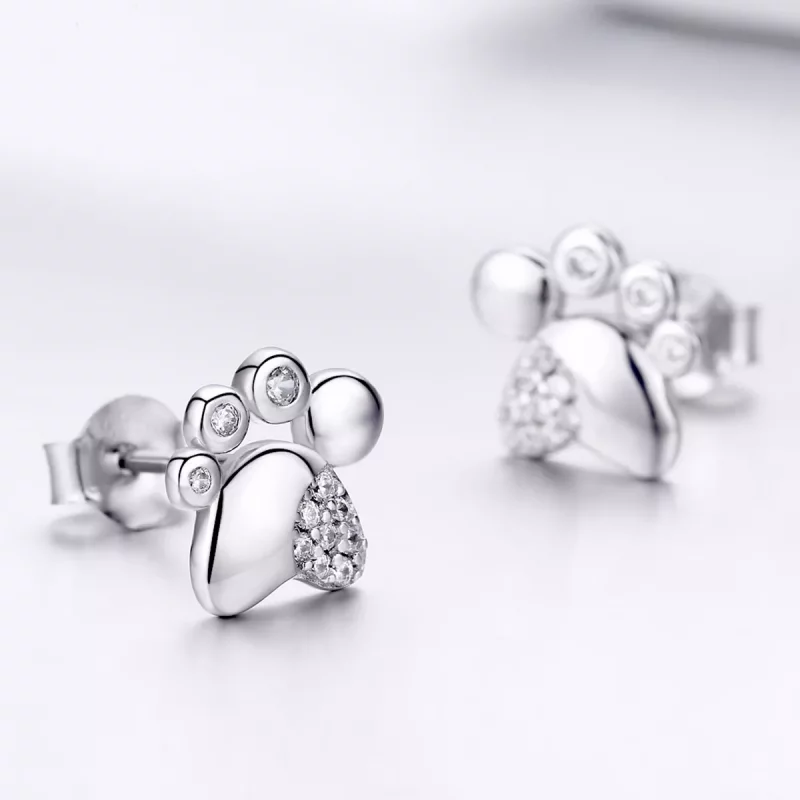 (imagen para) Pendientes de botón con huellas de gatito lindo antialérgico de plata estilo Pan - Ver 3