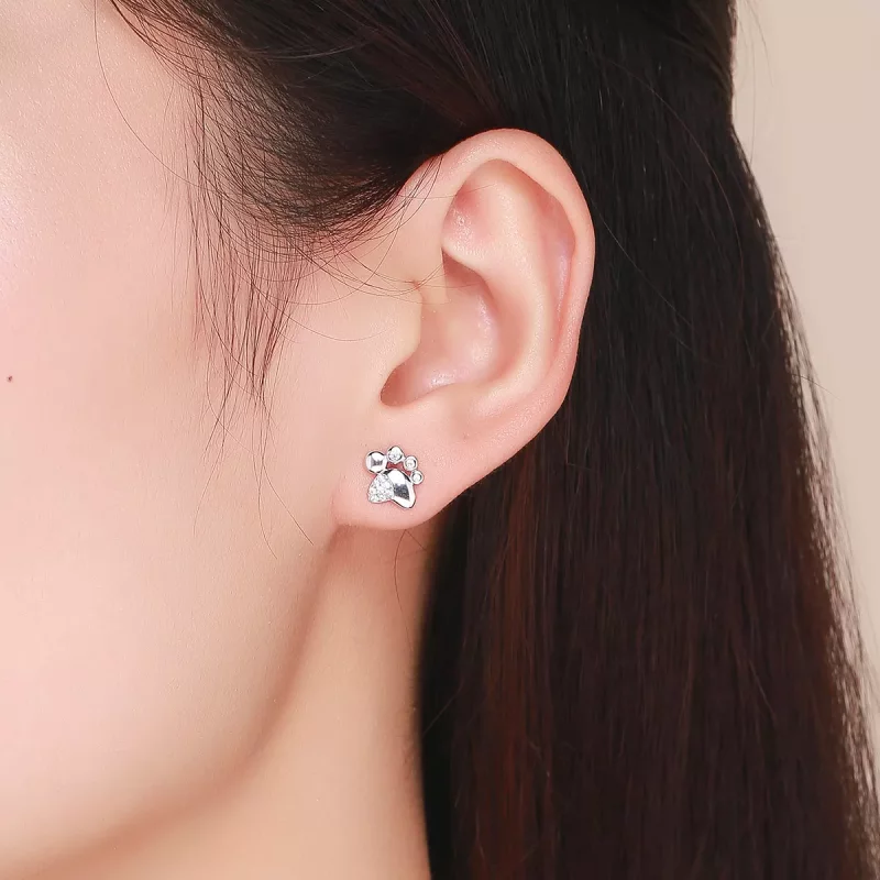 (imagen para) Pendientes de botón con huellas de gatito lindo antialérgico de plata estilo Pan - Ver 5