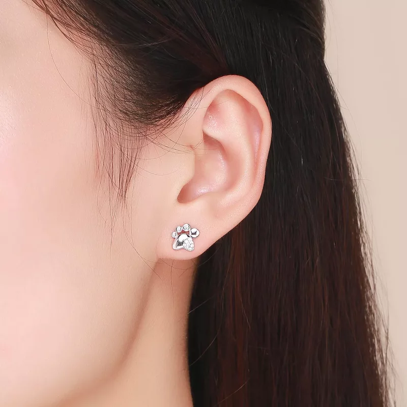 (imagen para) Pendientes de botón con huellas de gatito lindo antialérgico de plata estilo Pan - Ver 6