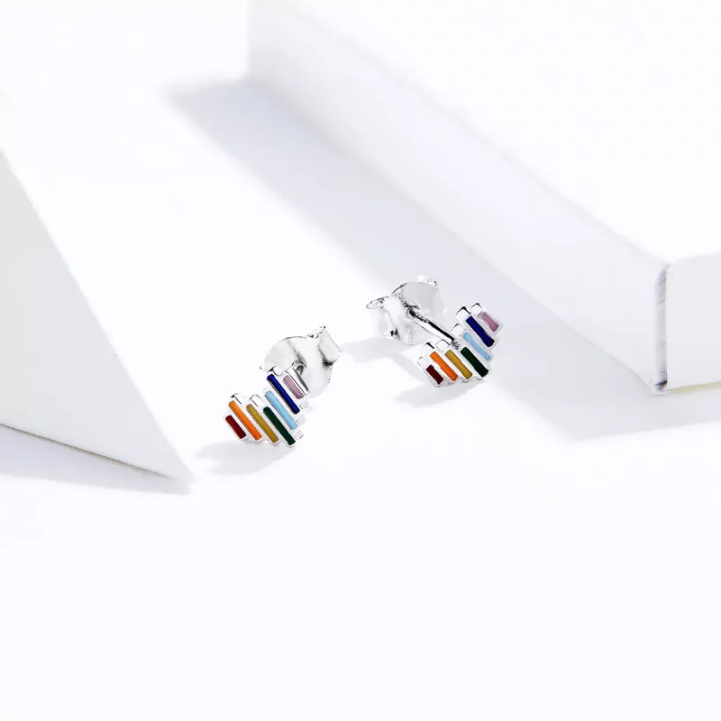 (imagen para) Pendientes de botón de corazón arcoíris de plata estilo Pandora - SCE787 - Ver 2