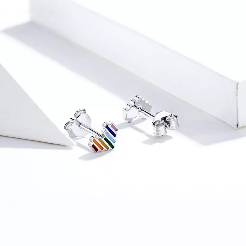 (imagen para) Pendientes de botón de corazón arcoíris de plata estilo Pandora - SCE787 - Ver 3