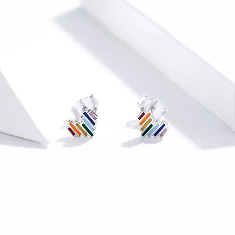 (imagen para) Pendientes de botón de corazón arcoíris de plata estilo Pandora - SCE787 - Ver 4