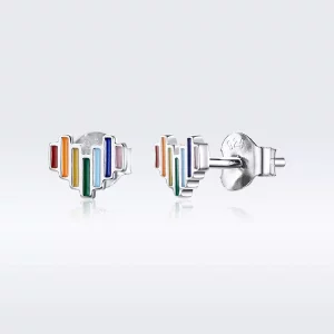 (imagen para) Pendientes de botón de corazón arcoíris de plata estilo Pandora - SCE787