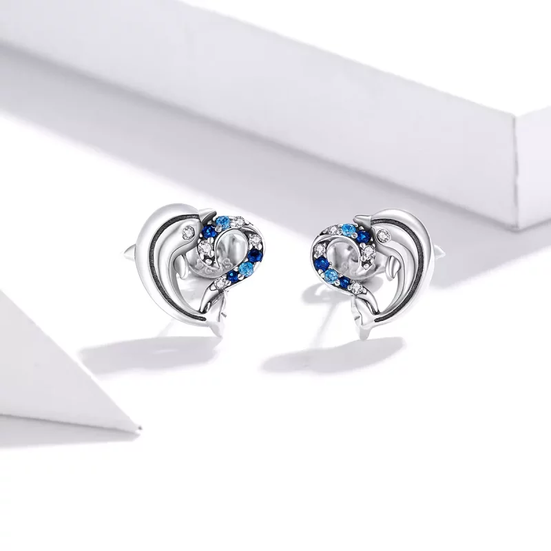 (imagen para) Pendientes de botón de estilo Pandora con delfines plateados - SCE930 - Ver 2