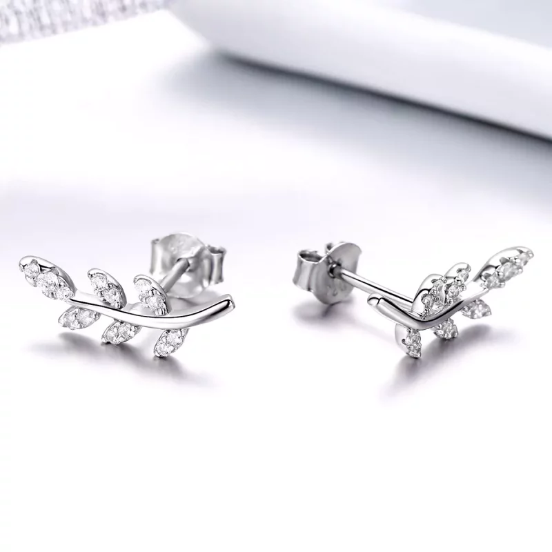 (imagen para) Pendientes de botón de estilo Pandora en forma de hojas de primavera plateadas - - Ver 3