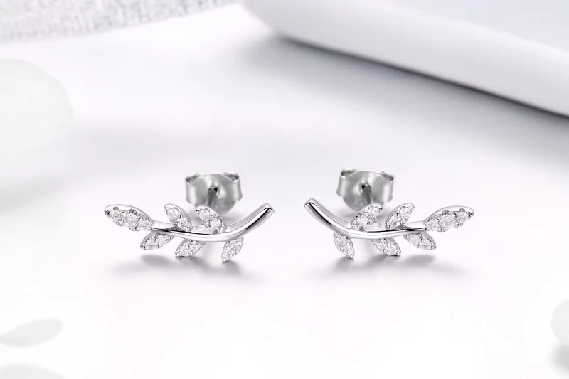 (imagen para) Pendientes de botón de estilo Pandora en forma de hojas de primavera plateadas - - Ver 4