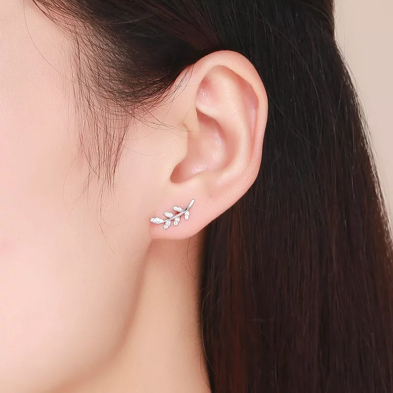 (imagen para) Pendientes de botón de estilo Pandora en forma de hojas de primavera plateadas - - Ver 5