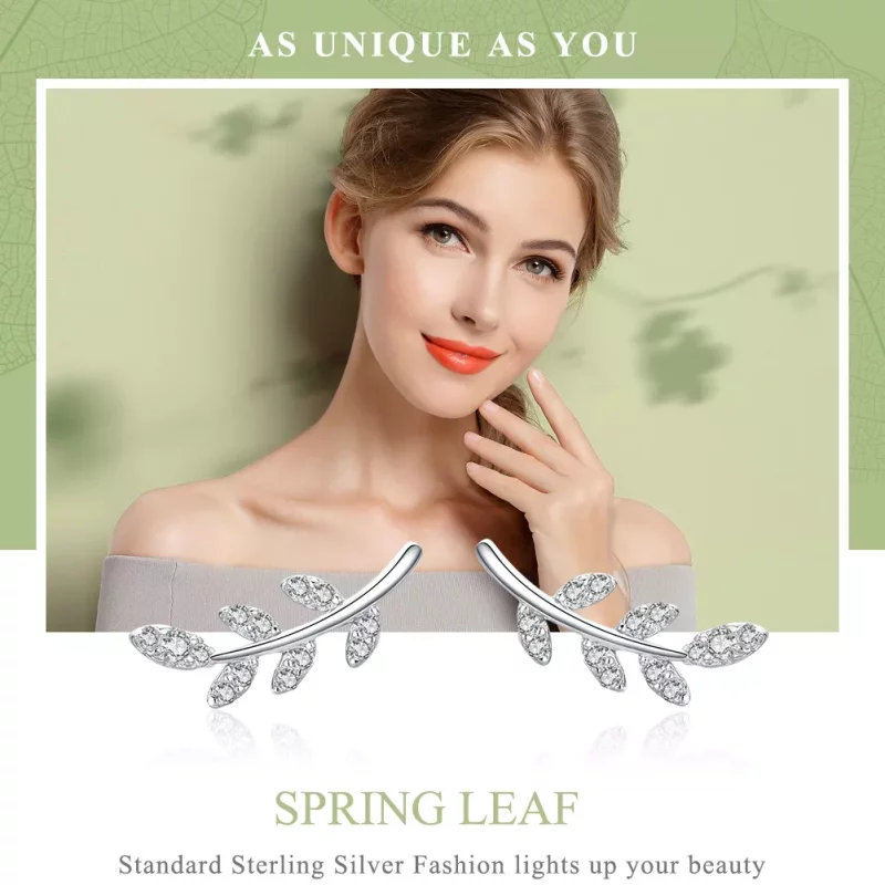 (imagen para) Pendientes de botón de estilo Pandora en forma de hojas de primavera plateadas - - Ver 6