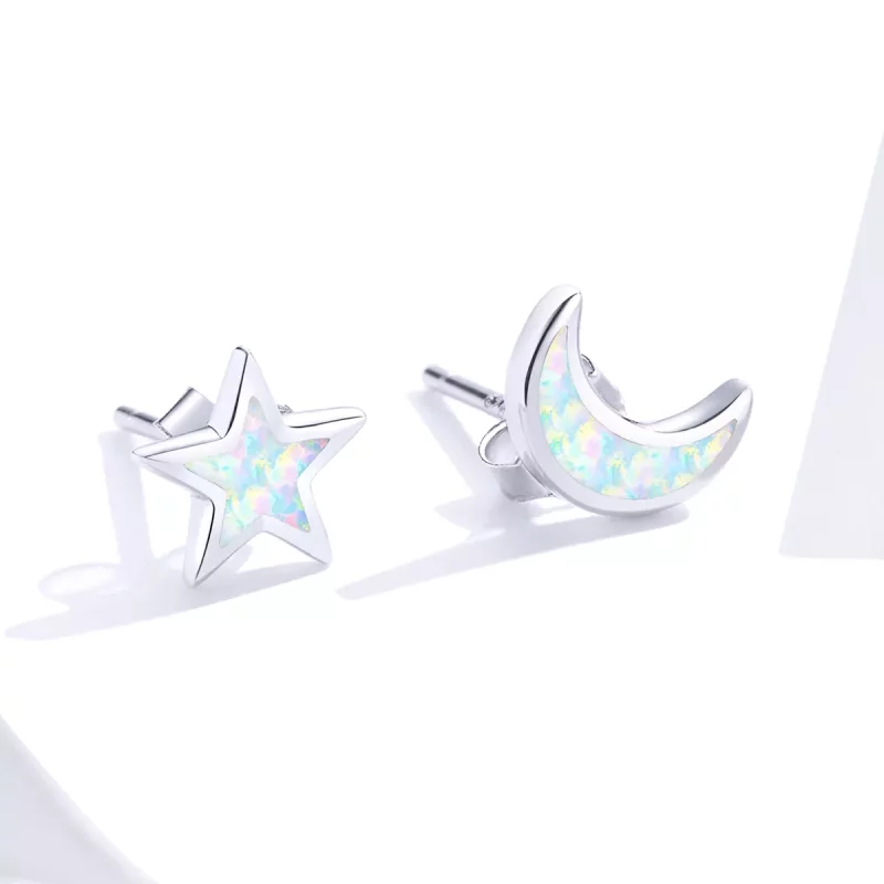 (imagen para) Pendientes de botón de estilo Pandora en forma de luna y estrella de plata - SCE - Ver 2