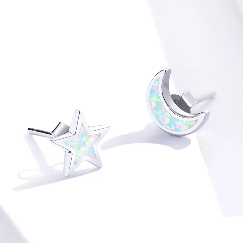 (imagen para) Pendientes de botón de estilo Pandora en forma de luna y estrella de plata - SCE - Ver 3