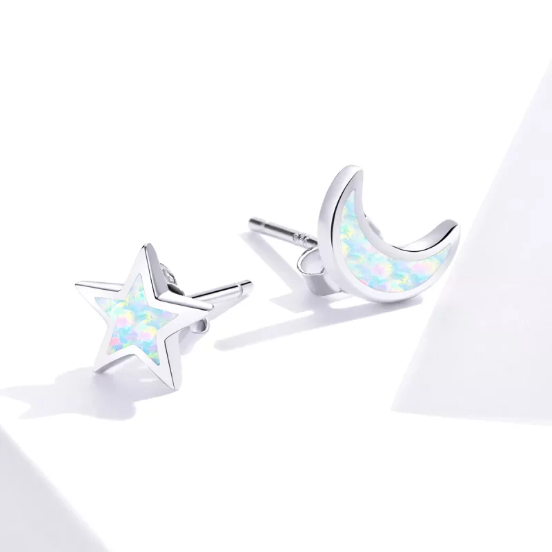(imagen para) Pendientes de botón de estilo Pandora en forma de luna y estrella de plata - SCE - Ver 4