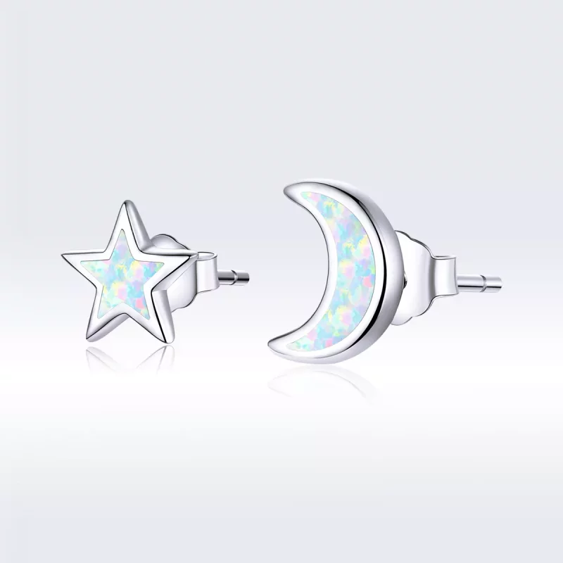 (imagen para) Pendientes de botón de estilo Pandora en forma de luna y estrella de plata - SCE - Ver 5