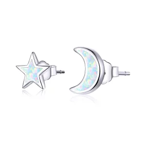 (imagen para) Pendientes de botón de estilo Pandora en forma de luna y estrella de plata - SCE875