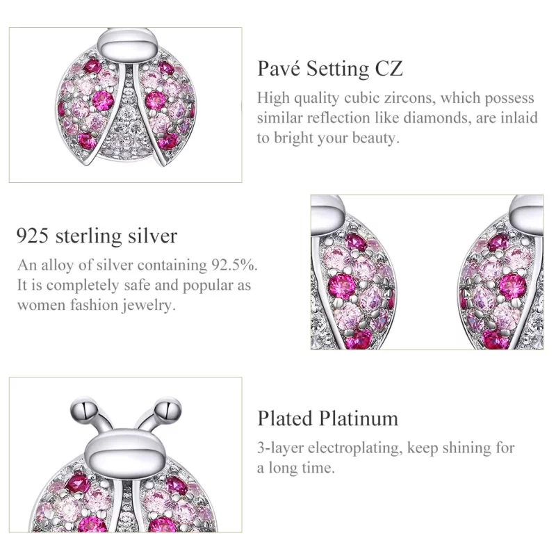 (imagen para) Pendientes de botón de estilo Pandora en plata con diseño de mariquita - SCE715 - Ver 3