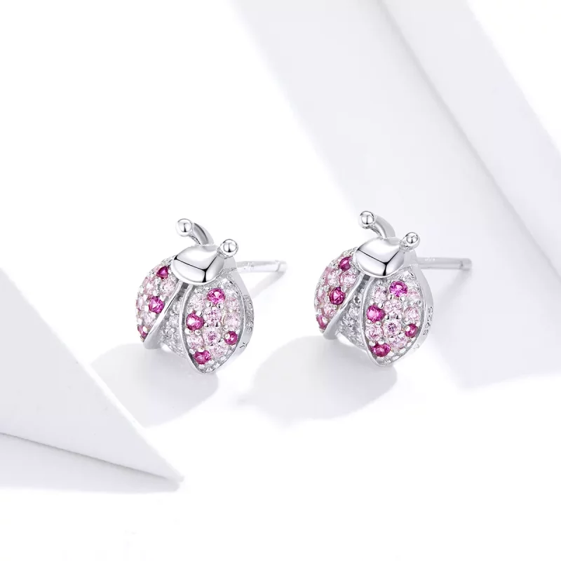 (imagen para) Pendientes de botón de estilo Pandora en plata con diseño de mariquita - SCE715 - Ver 2