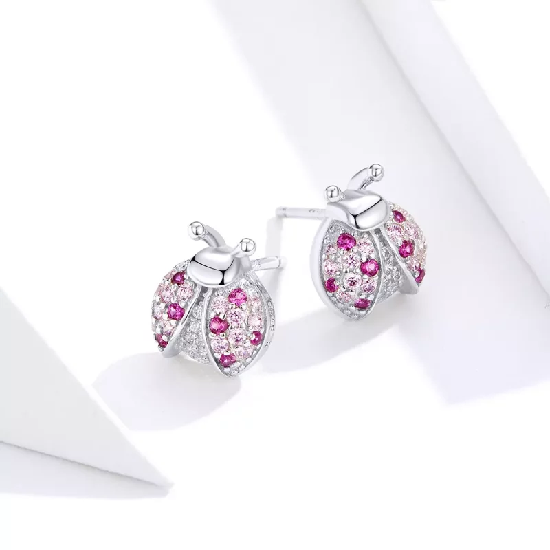 (imagen para) Pendientes de botón de estilo Pandora en plata con diseño de mariquita - SCE715 - Ver 4