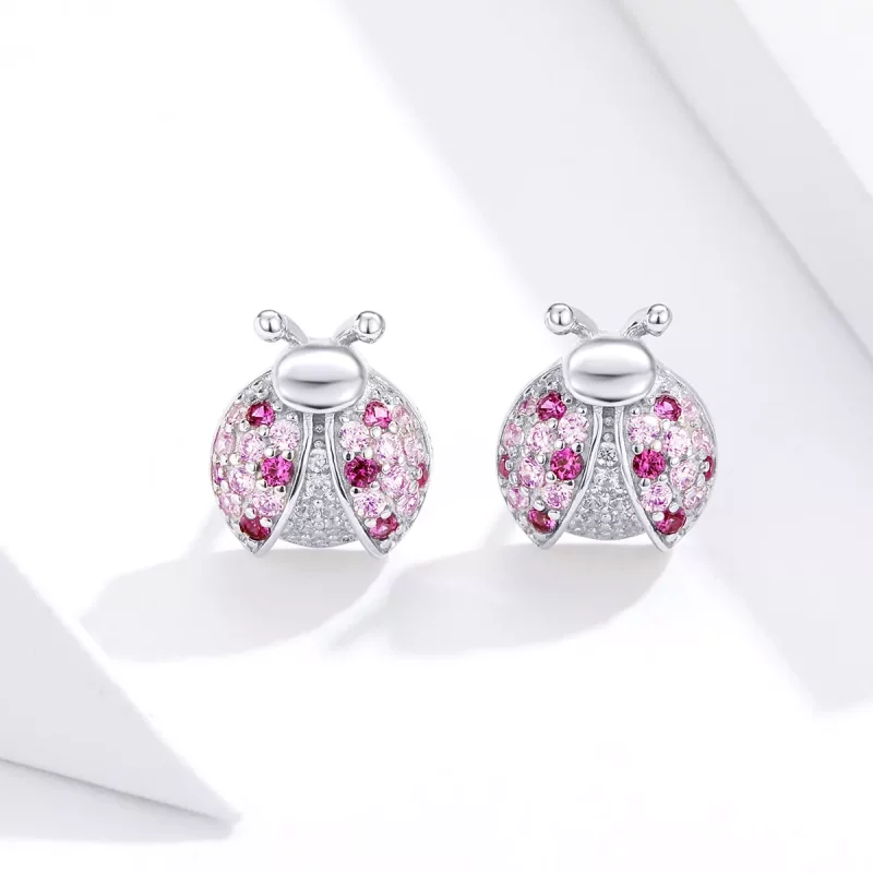 (imagen para) Pendientes de botón de estilo Pandora en plata con diseño de mariquita - SCE715 - Ver 5