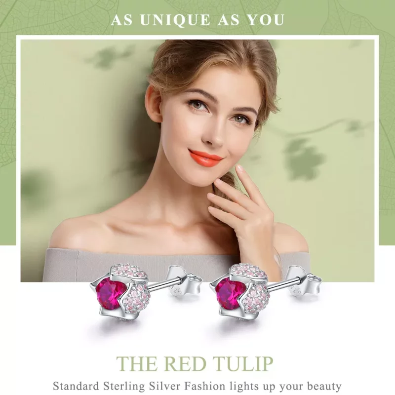 (imagen para) Pendientes de botón de estilo Pandora en plata con forma de tulipán - BSE042 - Ver 6