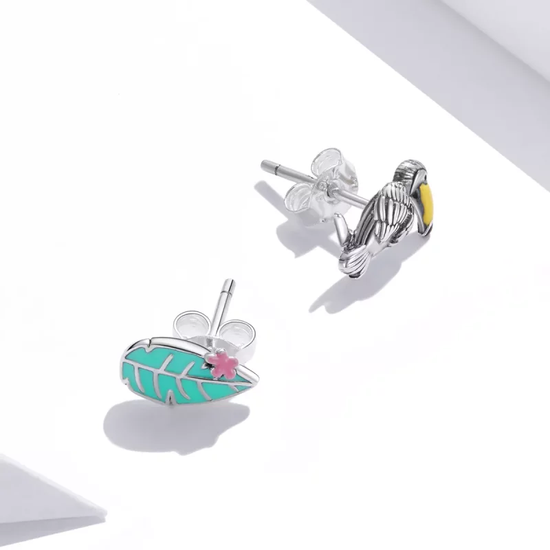 (imagen para) Pendientes de botón de estilo Pandora en plata con gran pájaro de pico largo y h - Ver 2