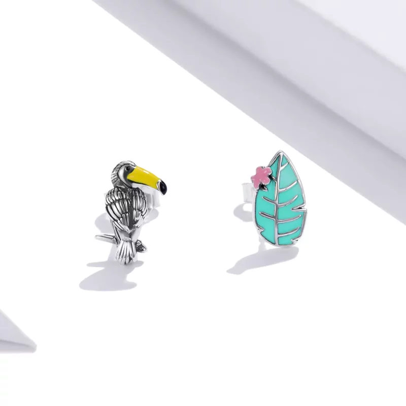 (imagen para) Pendientes de botón de estilo Pandora en plata con gran pájaro de pico largo y h - Ver 3