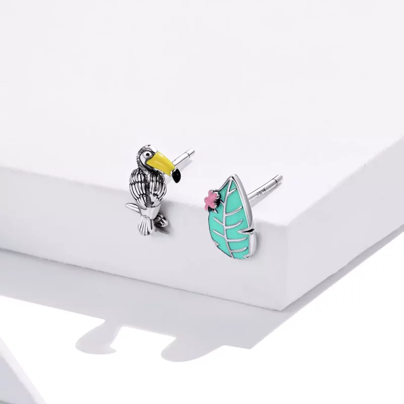 (imagen para) Pendientes de botón de estilo Pandora en plata con gran pájaro de pico largo y h - Ver 4