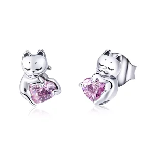 (imagen para) pendientes de botón de estilo Pandora en plata son adorables y tienen forma de gato - SCE453
