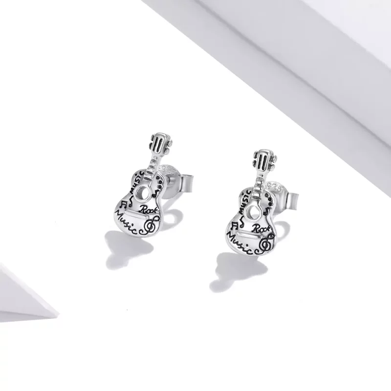 (imagen para) Pendientes de botón de guitarra vintage plateados al estilo de Pandora - SCE1155 - Ver 2