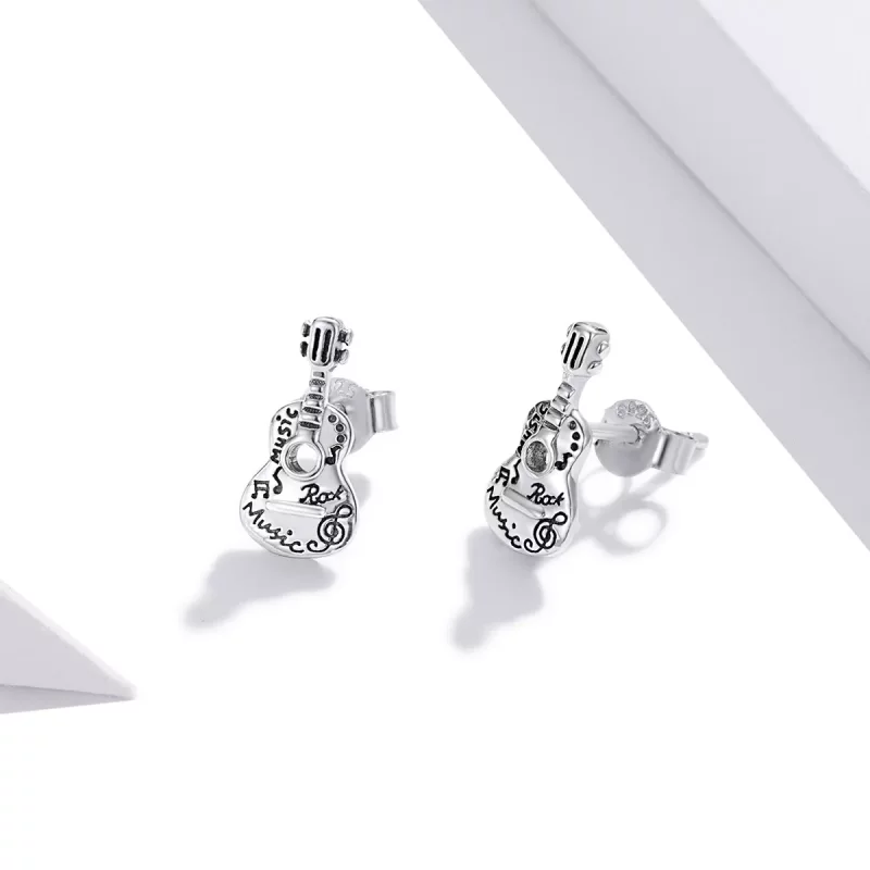 (imagen para) Pendientes de botón de guitarra vintage plateados al estilo de Pandora - SCE1155 - Ver 3