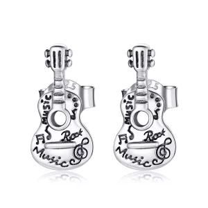(imagen para) Pendientes de botón de guitarra vintage plateados al estilo de Pandora - SCE1155