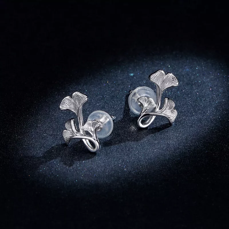 (imagen para) Pendientes de Botón de Hoja de Ginkgo Plateados de Estilo Pandora - BSE328 - Ver 8