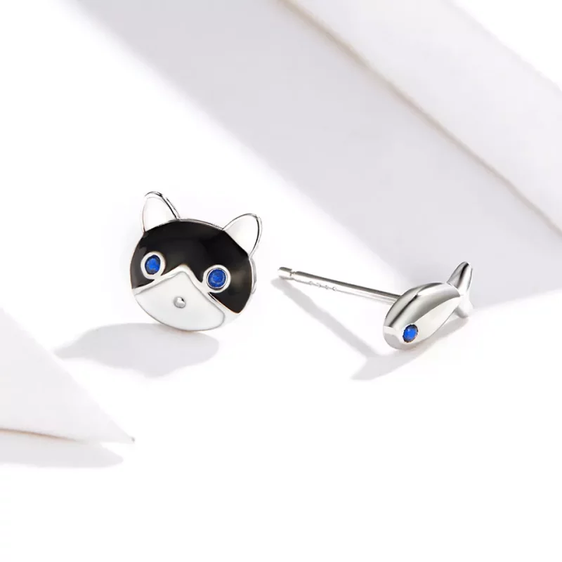 (imagen para) Pendientes de botón de plata con estilo Pandora de gato y pez - SCE623 - Ver 2