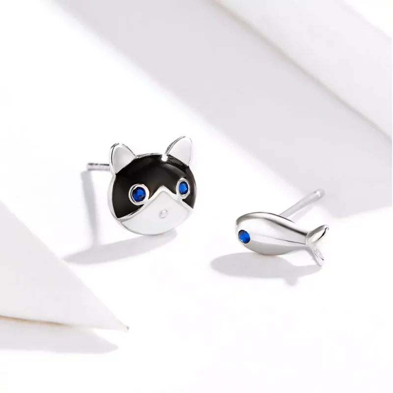 (imagen para) Pendientes de botón de plata con estilo Pandora de gato y pez - SCE623 - Ver 7