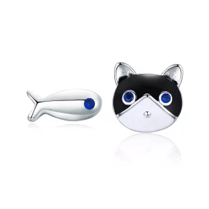 (imagen para) Pendientes de botón de plata con estilo Pandora de gato y pez - SCE623