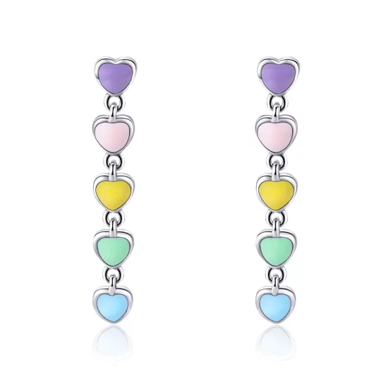 (imagen para) Pendientes de botón de plata estilo Pandora con corazones arcoíris - SCE451