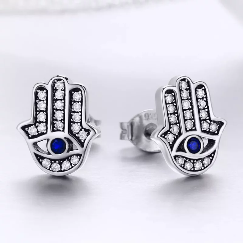 (imagen para) Pendientes de botón de plata estilo Pandora con mano de Fátima - SCE389 - Ver 2