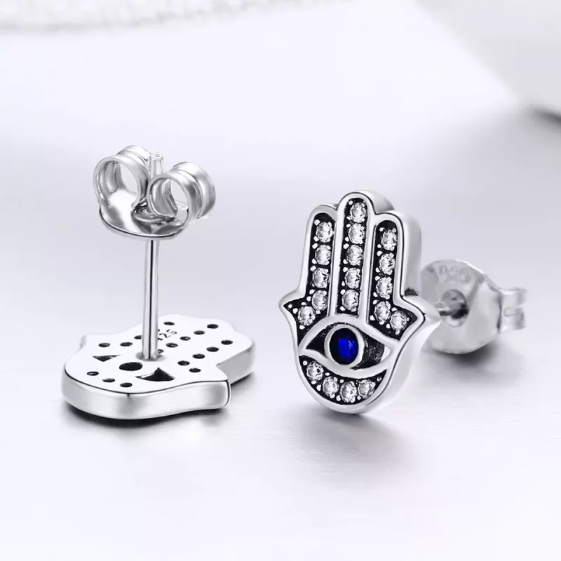 (imagen para) Pendientes de botón de plata estilo Pandora con mano de Fátima - SCE389 - Ver 3