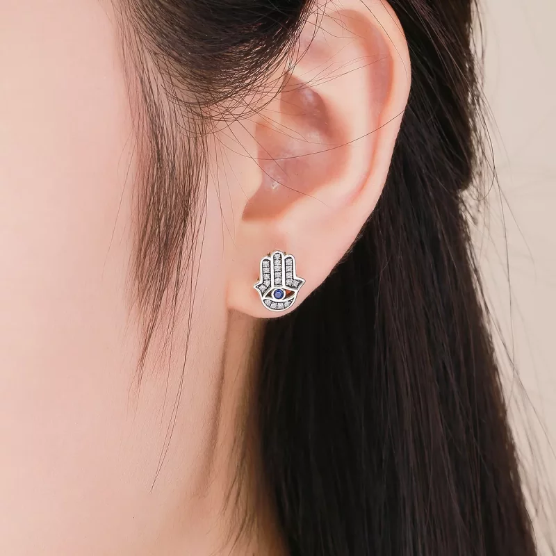 (imagen para) Pendientes de botón de plata estilo Pandora con mano de Fátima - SCE389 - Ver 4
