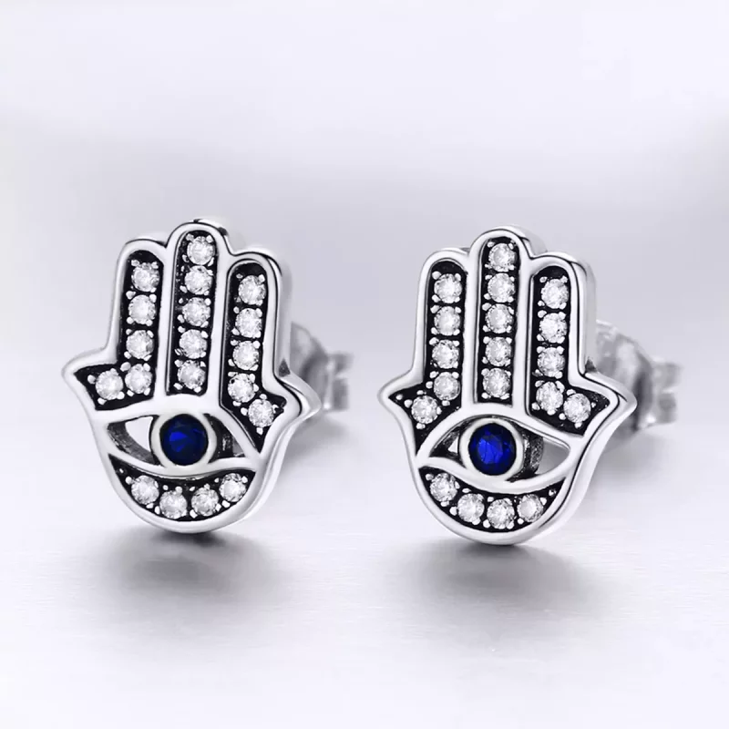 (imagen para) Pendientes de botón de plata estilo Pandora con mano de Fátima - SCE389 - Ver 5