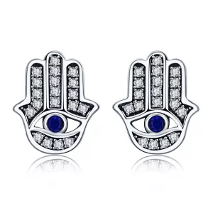 (imagen para) Pendientes de botón de plata estilo Pandora con mano de Fátima - SCE389
