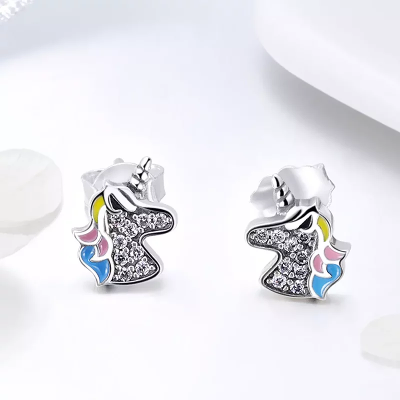 (imagen para) Pendientes de botón de unicornio plateado estilo Pandora - SCE426 - Ver 2