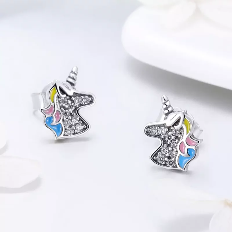 (imagen para) Pendientes de botón de unicornio plateado estilo Pandora - SCE426 - Ver 4