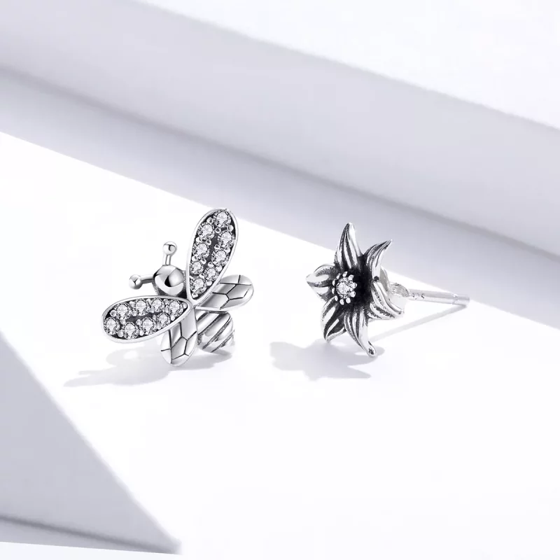 (imagen para) Pendientes de botón en estilo Pandora con mariposa y flor de plata - SCE884 - Ver 3