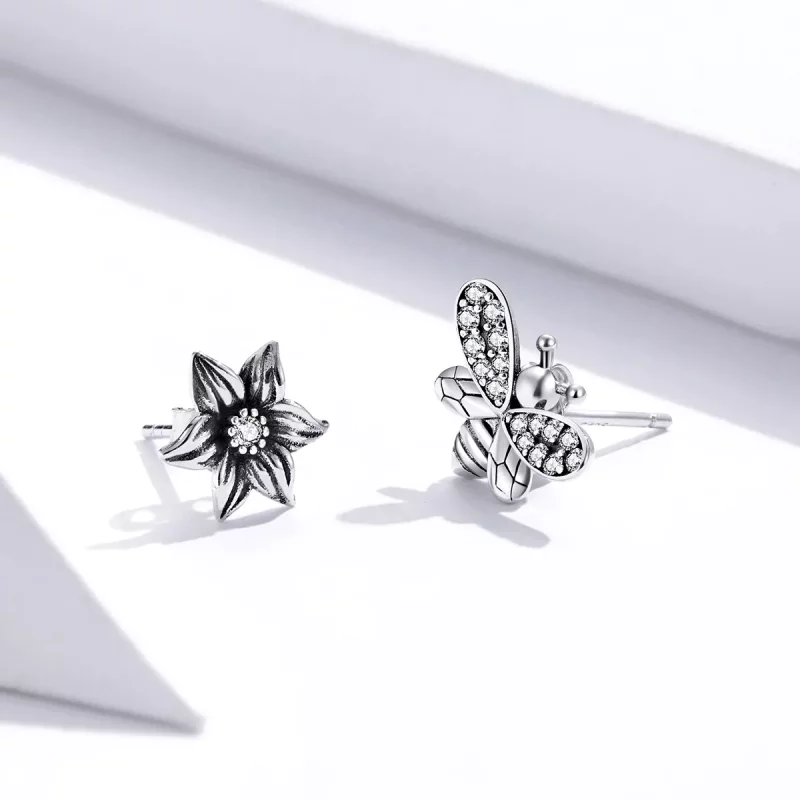 (imagen para) Pendientes de botón en estilo Pandora con mariposa y flor de plata - SCE884 - Ver 4