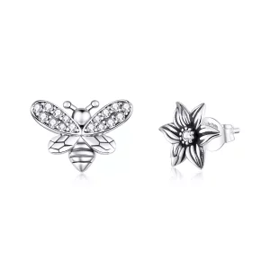 Pendientes de botón en estilo Pandora con mariposa y flor de plata - SCE884 (imagen para) Pendientes de botón en estilo Pandora con mariposa y flor de plata - SCE884