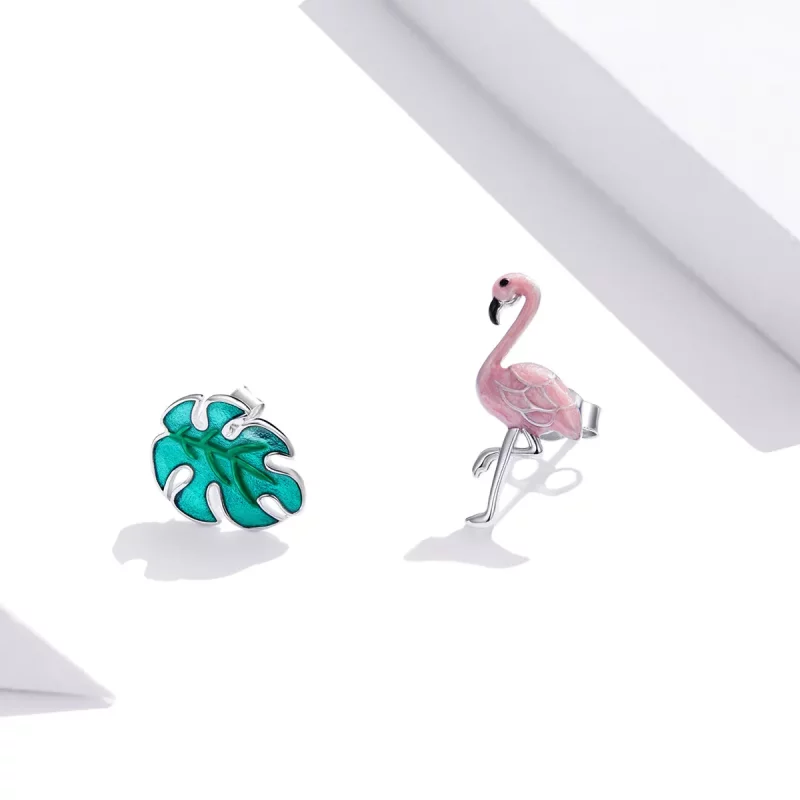 (imagen para) Pendientes de botón estilo Pandora con hoja de plata y flamencos - SCE1124 - Ver 2