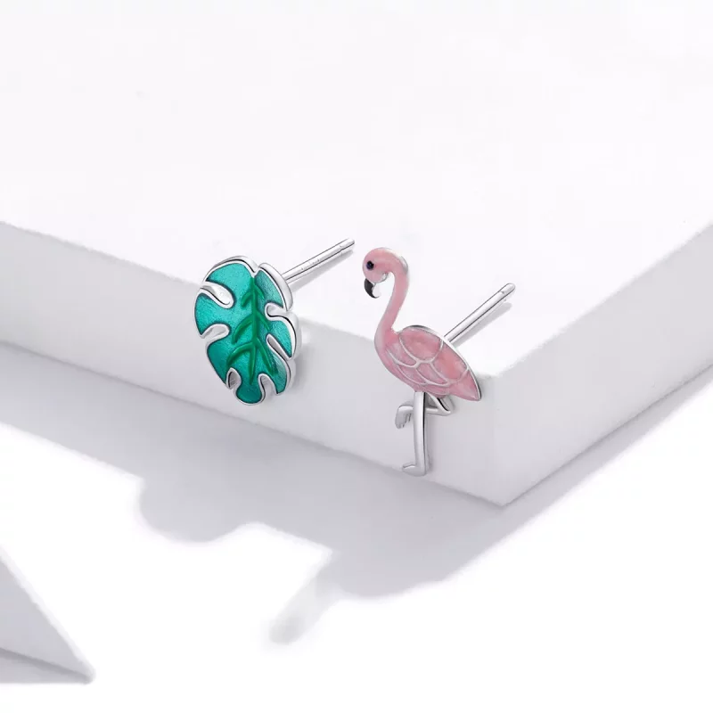 (imagen para) Pendientes de botón estilo Pandora con hoja de plata y flamencos - SCE1124 - Ver 3