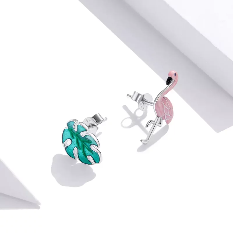 (imagen para) Pendientes de botón estilo Pandora con hoja de plata y flamencos - SCE1124 - Ver 4