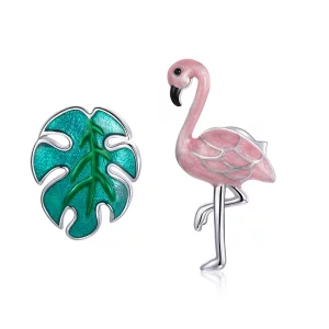 Pendientes de botón estilo Pandora con hoja de plata y flamencos - SCE1124 (imagen para) Pendientes de botón estilo Pandora con hoja de plata y flamencos - SCE1124