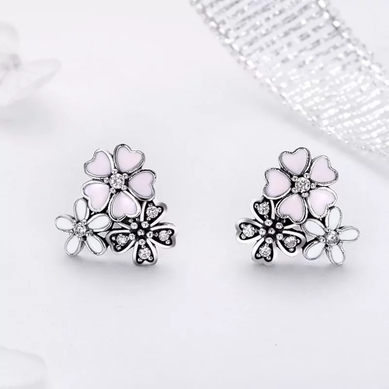 (imagen para) Pendientes de botón estilo Pandora con margaritas y flores de cerezo en plata - - Ver 2